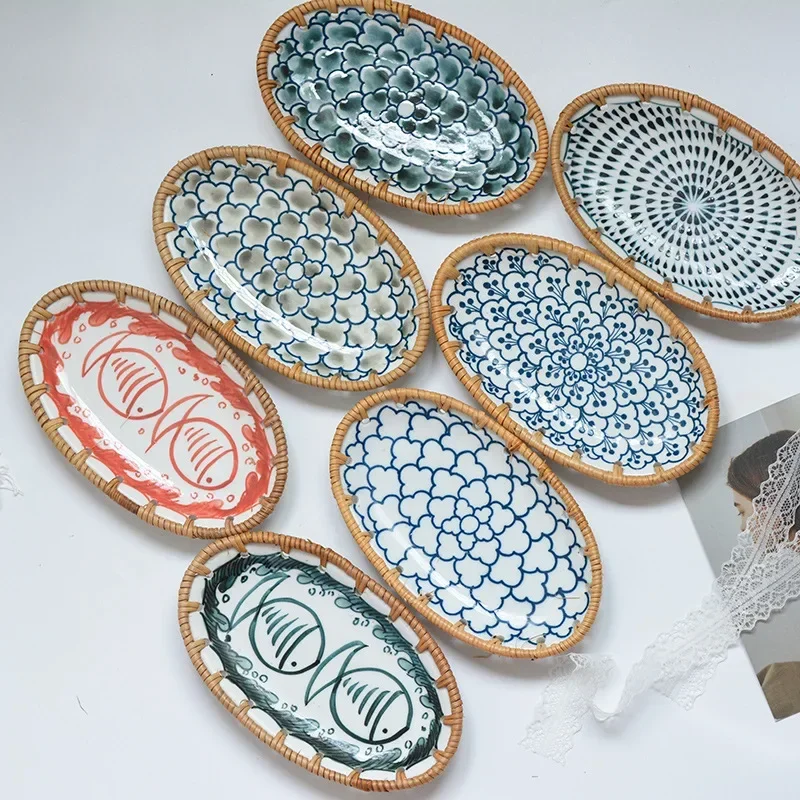 Ceramic Trinket Dish - Japanese Rattan Woven Ceramic Fruit Tray,